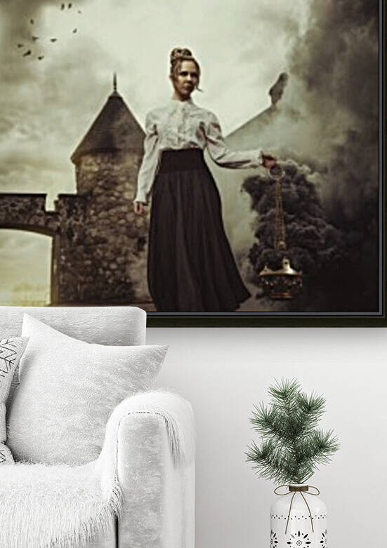 Beautiful young blonde woman from another era in a long classical dress walking in front of a castle while holding a smoking censer that produce a huge swirl of smoke as the morning sun is rising by Artmood Visualz