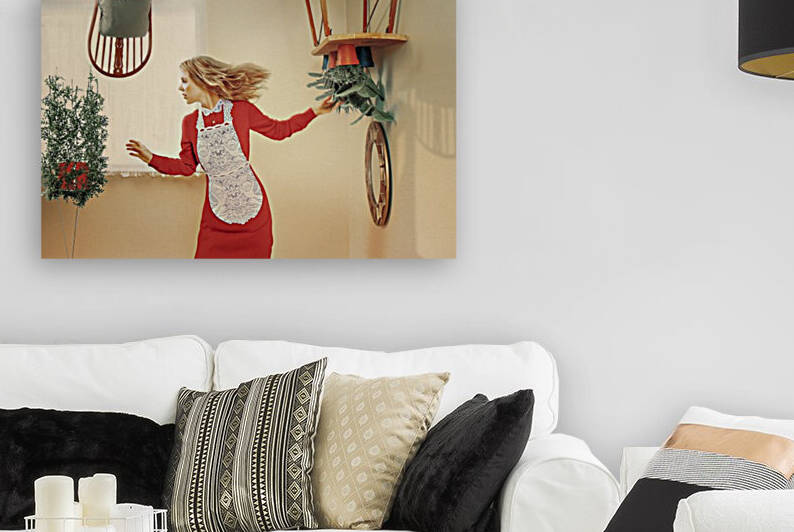 Busy young blonde woman in a red dress with a white lace apron taking care of her plants in a upside down bright room by Artmood Visualz