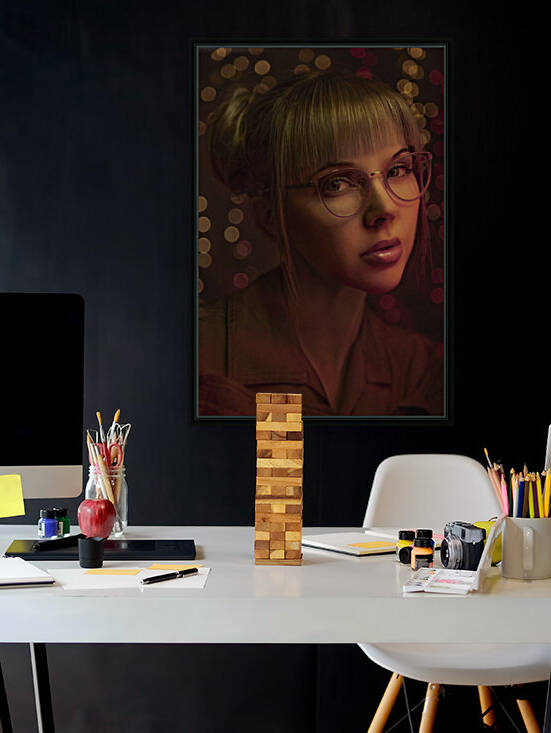 Portrait of a pretty and young blonde woman wearing glasses in front of a bokeh of red and yellow lights by Artmood Visualz