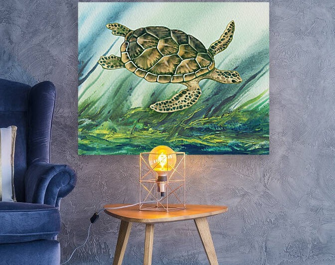 Watercolor Giant Turtle In Abstract Seaweed And Water X by Irina Sztukowski