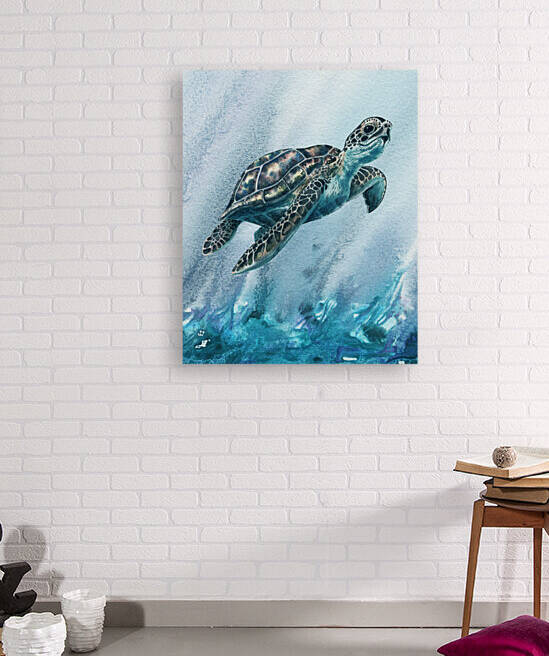 Watercolor Giant Turtle In Abstract Seaweed And Water XI by Irina Sztukowski