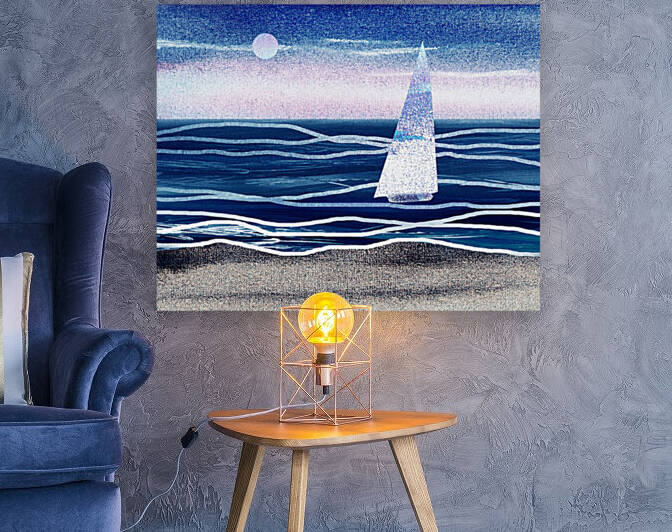 Beach House Art Sailboat At The Ocean Shore Seascape Painting III by Irina Sztukowski