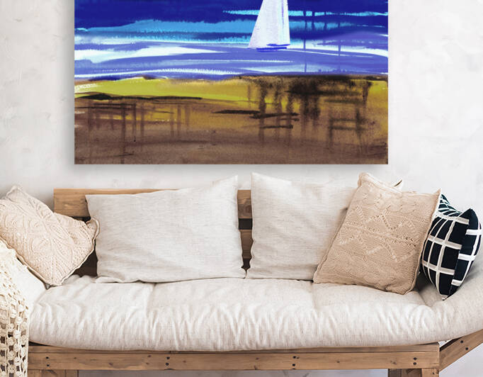 Beach House Art Sailboat At The Ocean Shore Seascape Painting IV by Irina Sztukowski