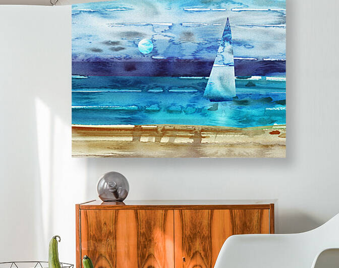 Beach House Art Sailboat At The Ocean Shore Seascape Painting V by Irina Sztukowski