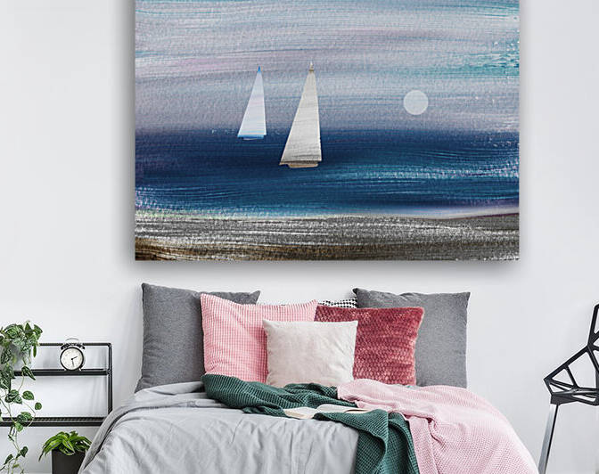 Beach House Art Sailboats At The Ocean Shore Seascape Painting IX by Irina Sztukowski