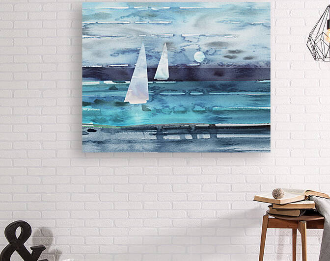 Beach House Art Sailboats At The Ocean Shore Seascape Painting XII by Irina Sztukowski