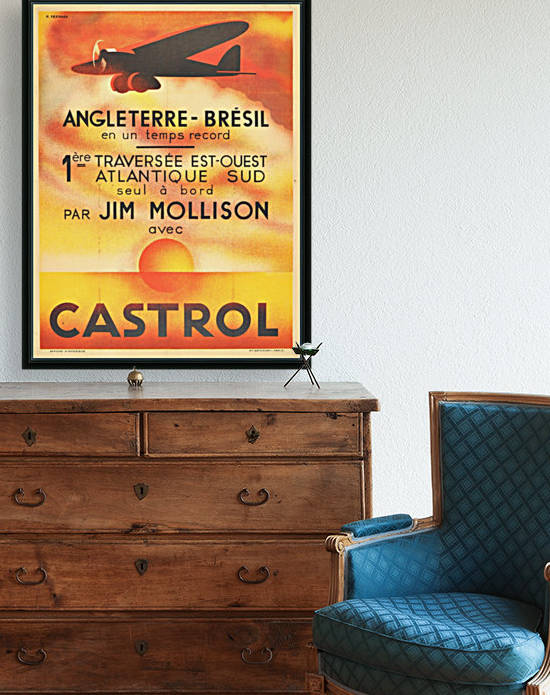 Original Art Deco Airplane Poster Castrol Jim Mollison Art Deco England Brazil by VINTAGE POSTER