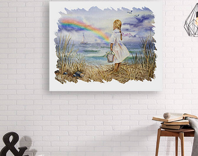 Girl Ocean Rainbow Boat And Birds Beach House Style Art by Irina Sztukowski