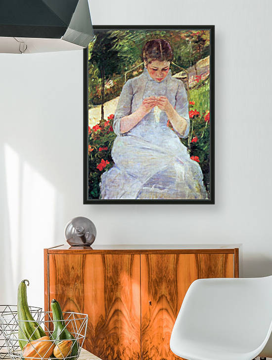Young woman sewing in the garden by Cassatt