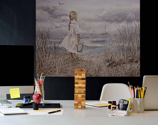 Girl And Ocean Vintage Monochrome Watercolor by Irina Sztukowski