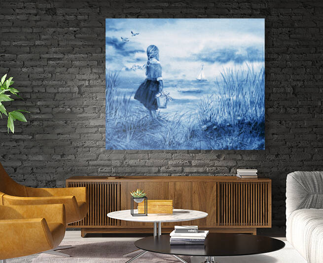 Girl And The Ocean Beach Painting In Ultramarine Blue  by Irina Sztukowski