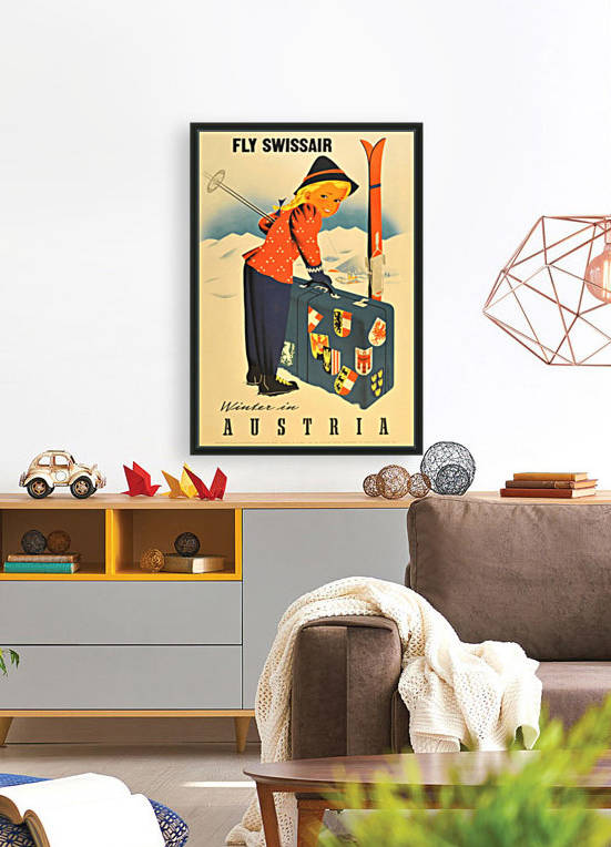 Original vintage ski poster promoting winter sports in Austria, Fly Swissair by VINTAGE POSTER