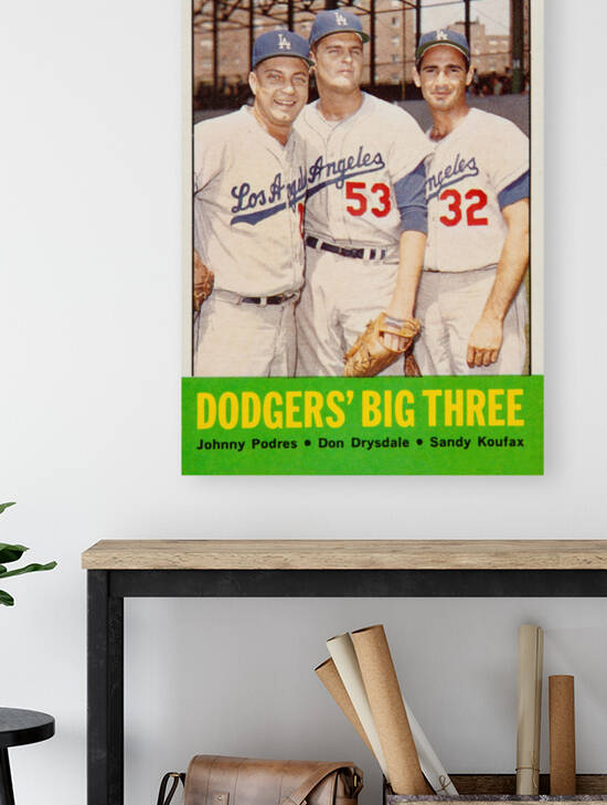 1963 LOS ANGELES DODGERS BIG THREE Topps 412 Card print featuring Koufax Drysdale & Podres - Vintage Baseball Poster Baseball Card Art by The Dinger Studios