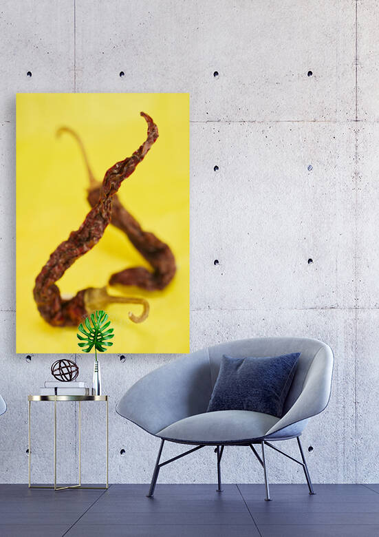 Red Dried Hot Chillie Peppers on Yellow  by Iris H Richardson