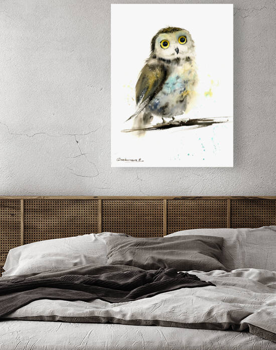 Little owl on a branch by Eugenia Gorbacheva