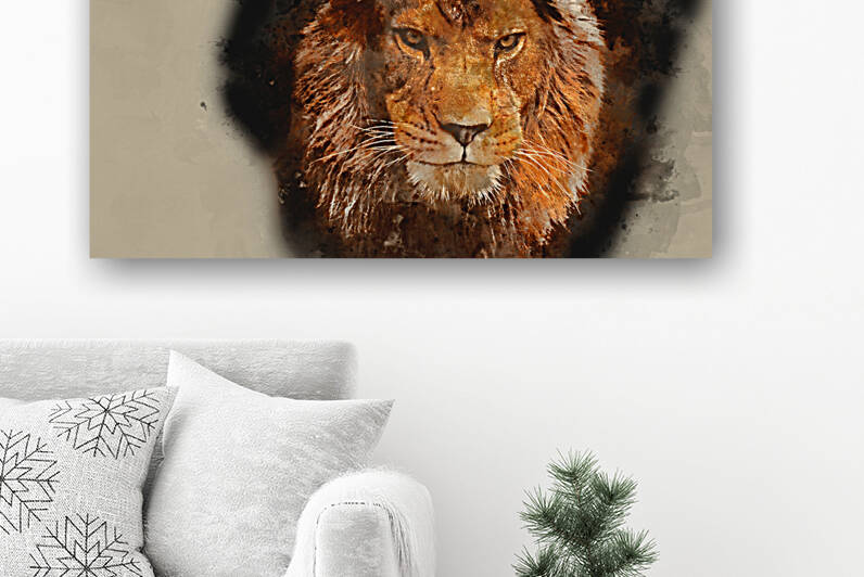 Watercolour painting of Eye catching portrait of male lion on black background by Matthew Gibson
