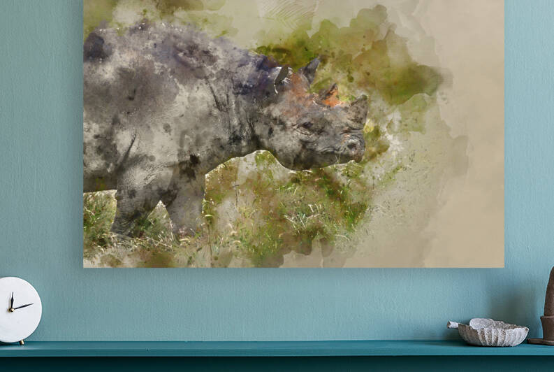 Watercolour painting of Black rhinoceros diceros bicornis michae by Matthew Gibson