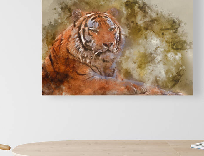 Watercolor painting of Stunning close up image of tiger relaxing by Matthew Gibson