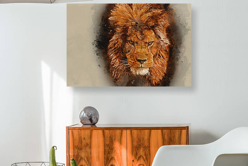 Watercolour painting of Stunning facial portrait of male lion on by Matthew Gibson