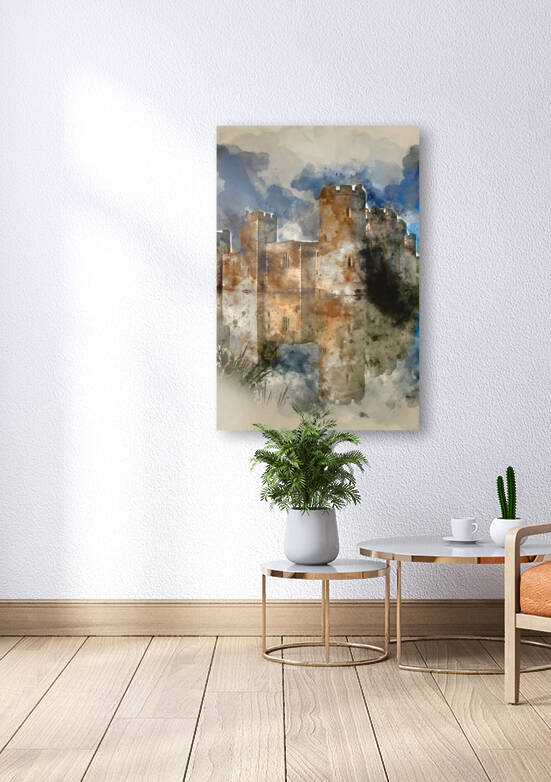 Digital watercolor painting of Stunning moat and castle in Autum by Matthew Gibson