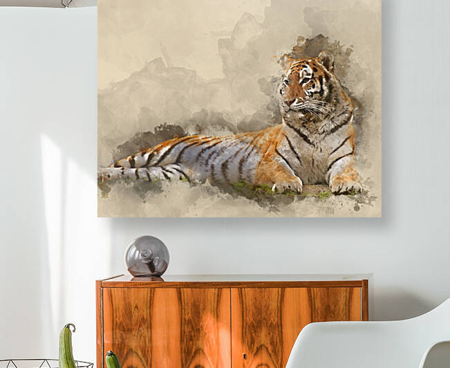 Digital watercolour painting of Beautiful image of tiger relaxin by Matthew Gibson