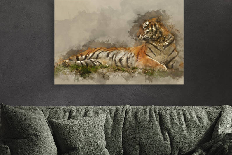 Digital watercolour painting of Beautiful tiger laying down on g by Matthew Gibson