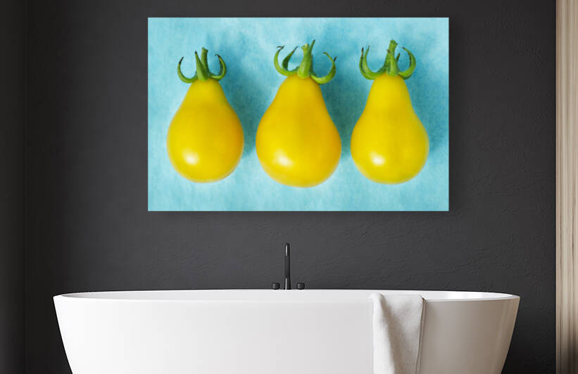 Three Yellow Pear Tomatoes on Blue by Iris H Richardson