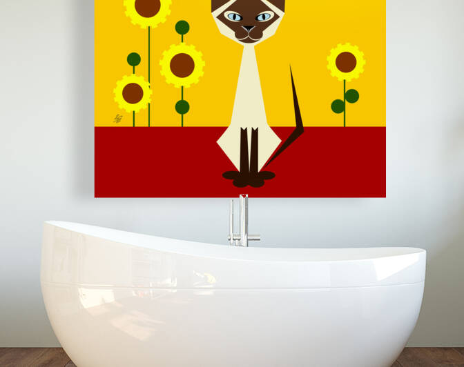 Geometric Abstract Cat With Stylized Flowers by Liz Cereby