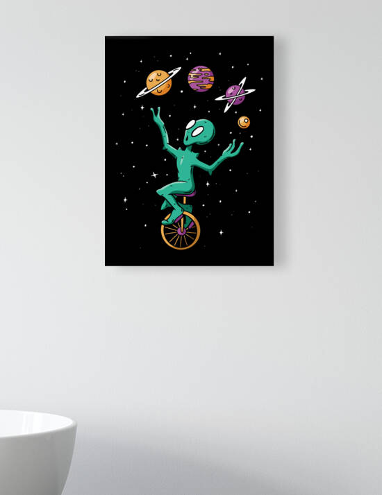 Planet Juggling Alien Riding A Unicycle by Bizarre Artwork