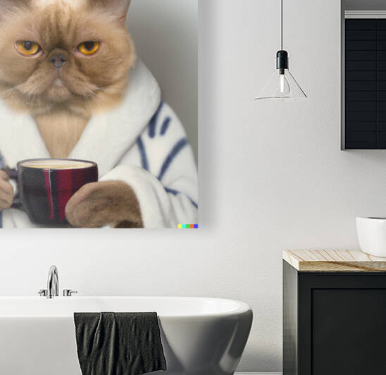 persian cat holding coffee in bathrobe by Tim A Rowland