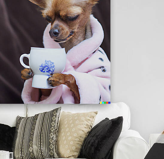 tiny dog in bathrobe staring into coffee by Tim A Rowland
