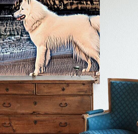 Whiate Samoyed on the Beach in Charcoal by Bill Swartwout Photography