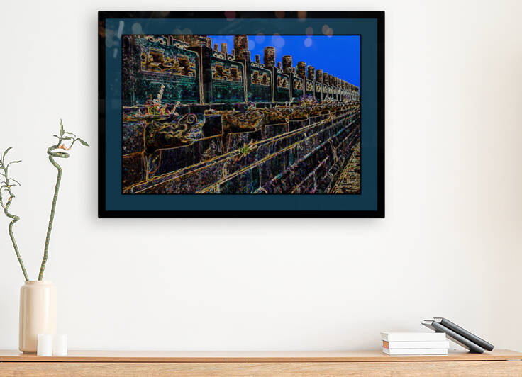 A WALL WITH DRAGON GARGOYLE SPIGITS IN THE FORBIDDEN CITY  by LES MAYERS 