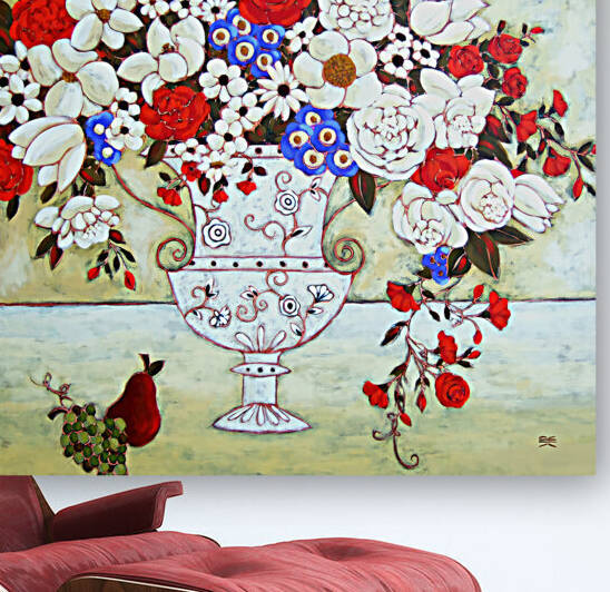 Blooms with Ivory Vase and Pear by Karen Rieger