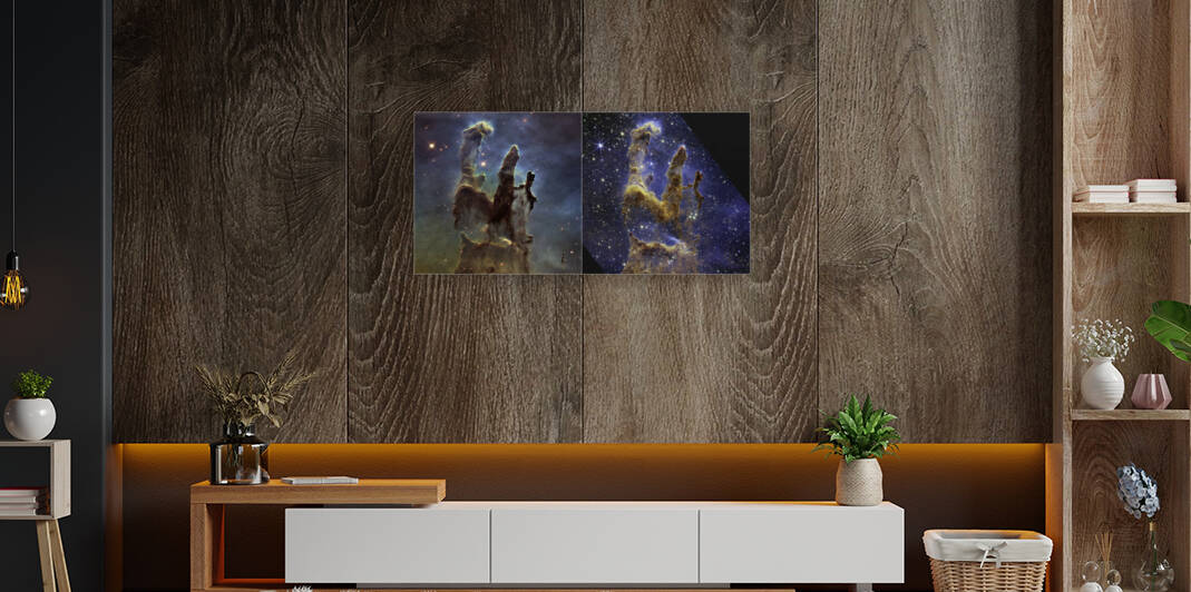 Pillars of Creation Hubble and Webb Images Side b by NASA Images