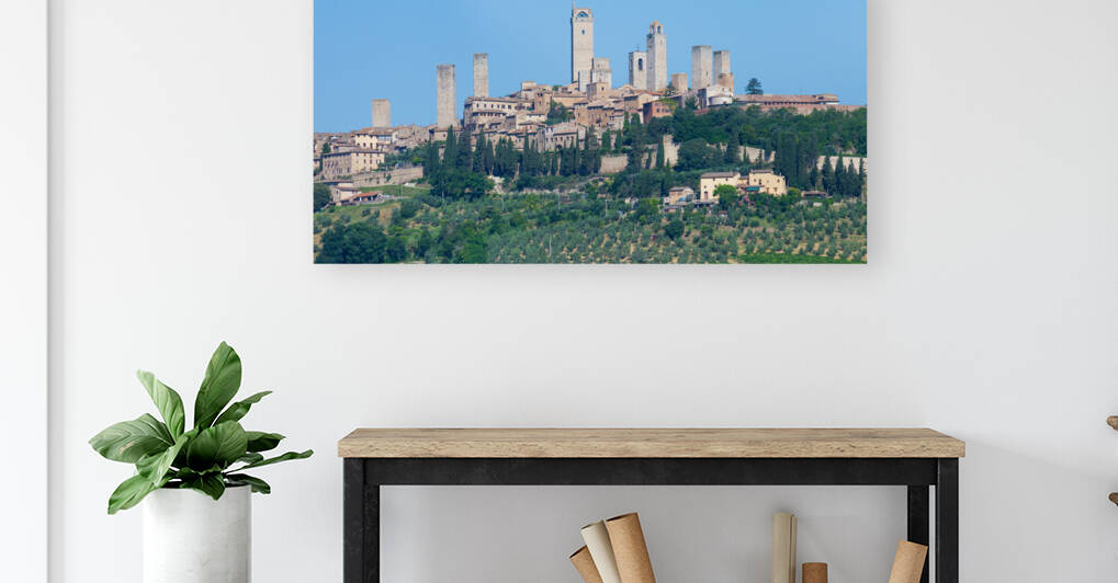 San Gimignano village Italy: green countryside blue sky hill  by Paolo Modena
