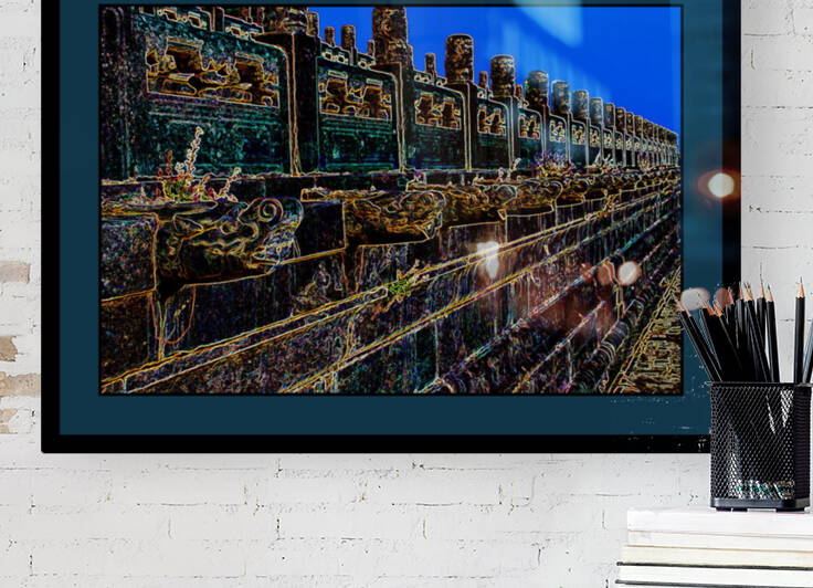 A WALL WITH DRAGON GARGOYLE SPIGETS IN THE FORBIDDEN CITY by LES MAYERS 