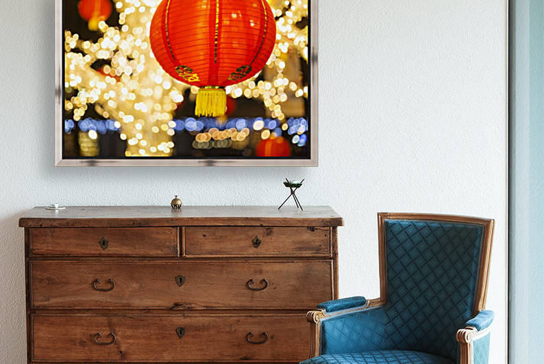 Red and gold Chinese lantern with sparkling white lights in the background, Granville Island; Vancouver, British Columbia, Canada by PacificStock