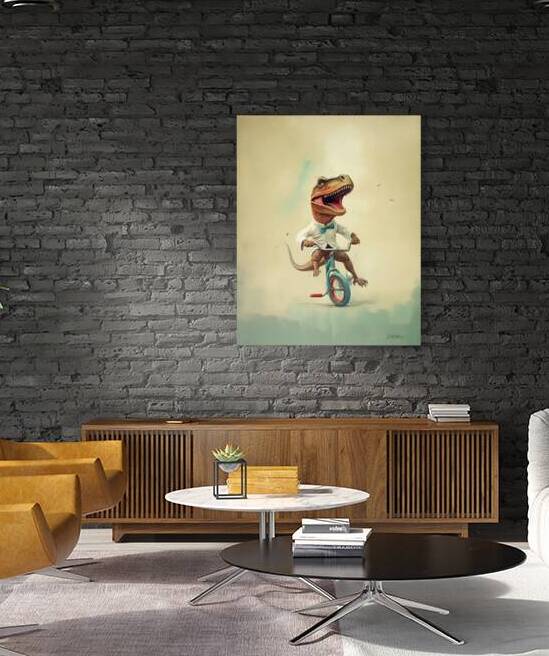 Velociraptor rides bike by Susanne McMillan Art