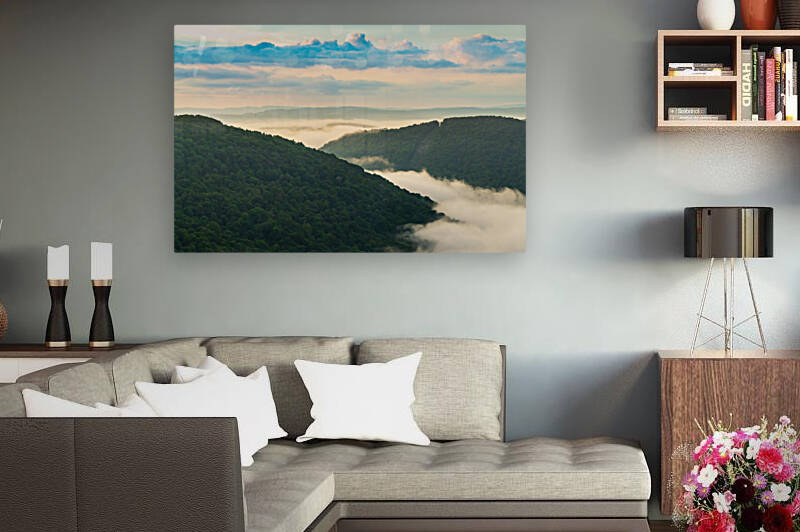 Mist swirling over Cheat River gorge at sunrise near Raven Rock by Steve Heap