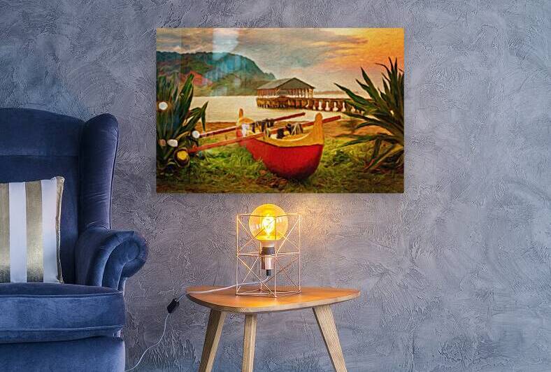 Painting of Hawaiian canoe by Hanalei Pier by Steve Heap