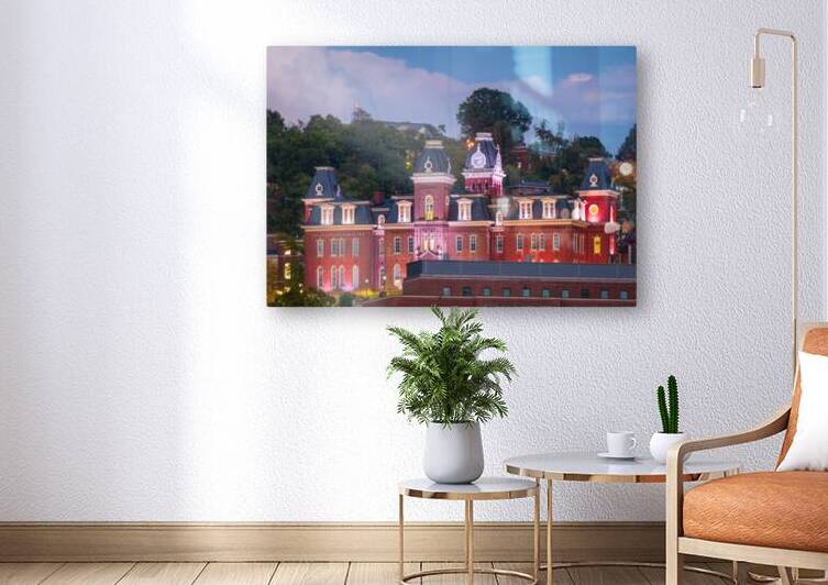 Woodburn Hall illuminated at dusk in Morgantown WV by Steve Heap