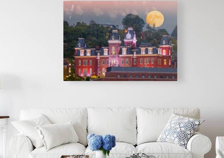 Moonrise over illuminated Woodburn Hall at WVU Morgantown by Steve Heap
