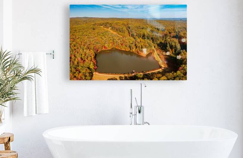 Aerial fall leaves around Coopers Rock reservoir in WV by Steve Heap