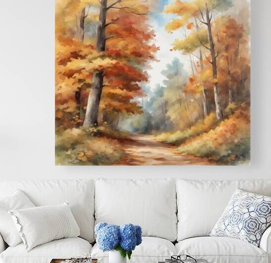 Autumn forest forest path without people beautiful autumn colors nice autumn leaves on the trees leaves on the ground cheerful blue sky with small white clouds beautiful landscape in style of Asher Brown Durand Watercolor style by AIGALLERY