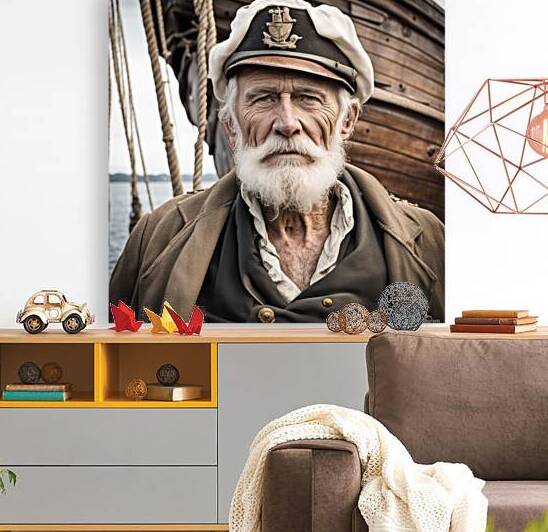 Old sailing ship captain face weathered with old wooden sailing ship in background  by AIGALLERY