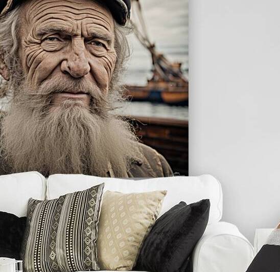 Old sailing ship captain face weathered with old wooden sailing ship in background  by AIGALLERY