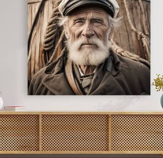 Old sailing ship captain face weathered with old wooden sailing ship in background  by AIGALLERY