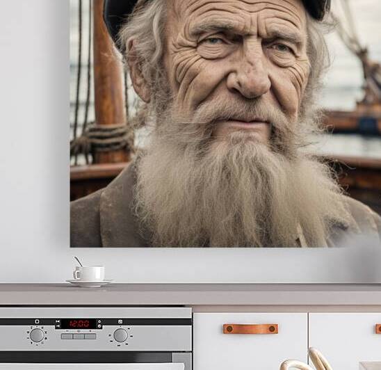 Old sailing ship captain face weathered with old wooden sailing ship in background  by AIGALLERY