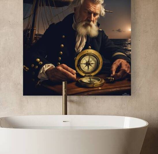 Old sailing ship captain looking at his old brass compass night time with ruff ocean behind him by AIGALLERY
